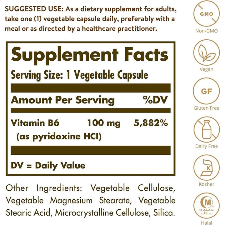 Solgar Vitamin B6 100 mg 100 Vegetable Capsule Non-GMO Vegan Gluten Free Dairy Free