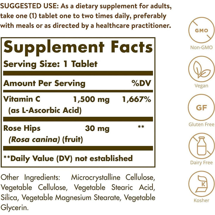 Solgar Vitamin C 1500 MG With Rose Hips Vegan 180 Tablets