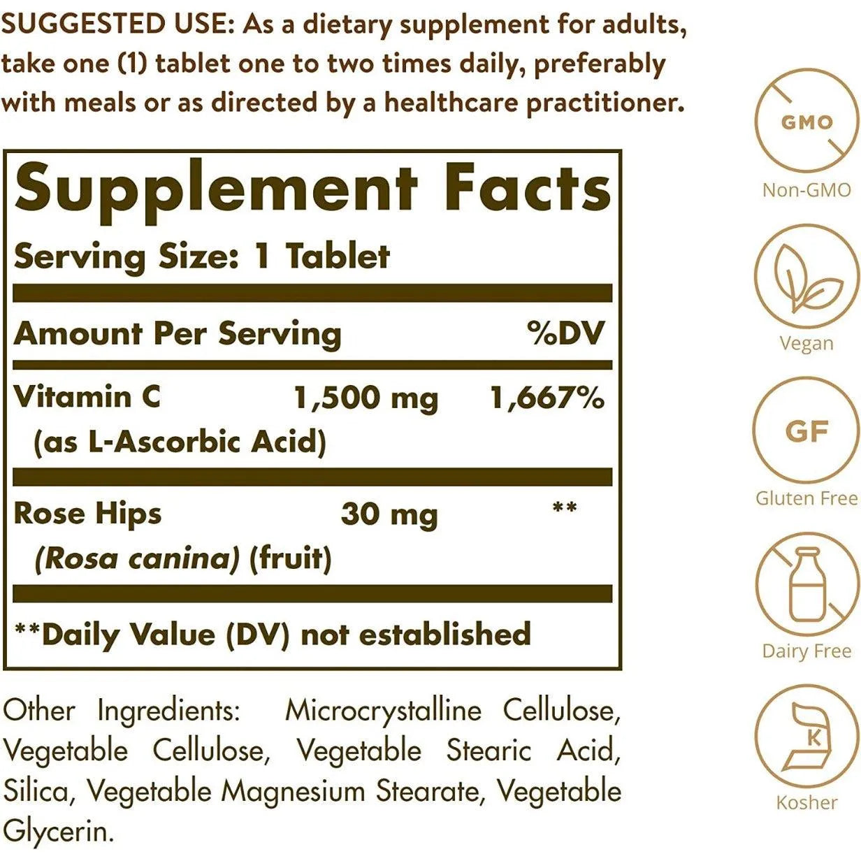 Solgar Vitamin C 1500 MG With Rose Hips Vegan 180 Tablets