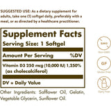 Solgar Vitamin D3 10,000 IU Gluten Free Dairy Free Non-GMO 120 Softgels
