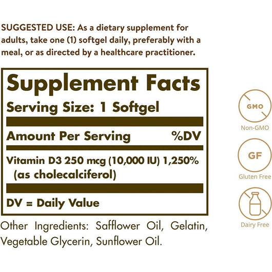 Solgar Vitamin D3 10,000 IU Gluten Free Dairy Free Non-GMO 120 Softgels