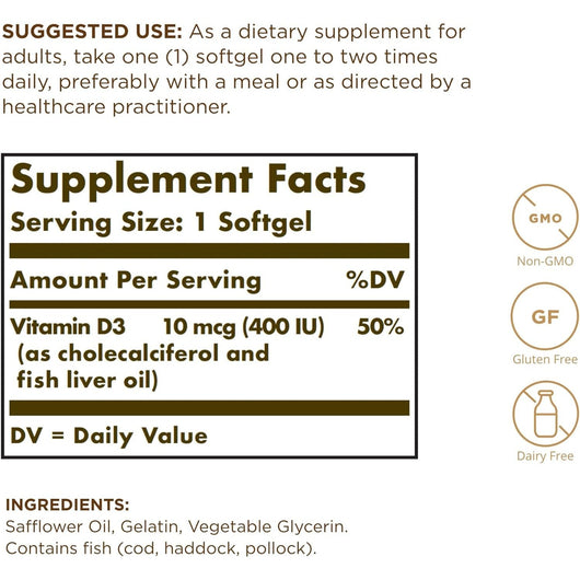 Solgar Vitamin D3 10MCG 400 IU Non-GMO Gluten Free Dairy Free 100 Softgels