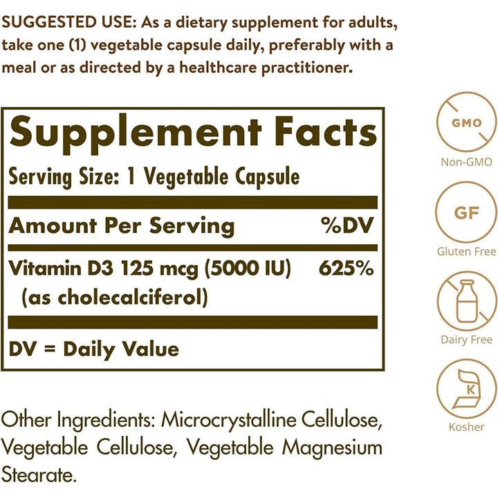 Solgar Vitamin D3 5000IU Non-GMO 60 Vegetable Capsules