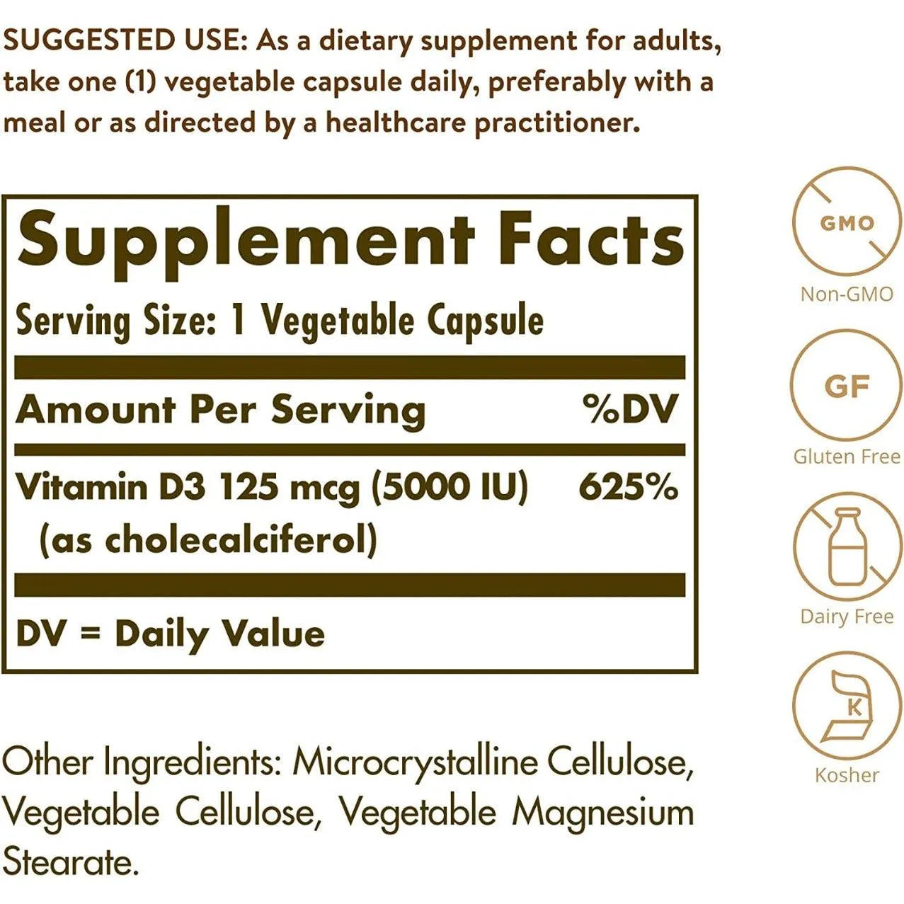 Solgar Vitamin D3 5000IU Non-GMO 60 Vegetable Capsules
