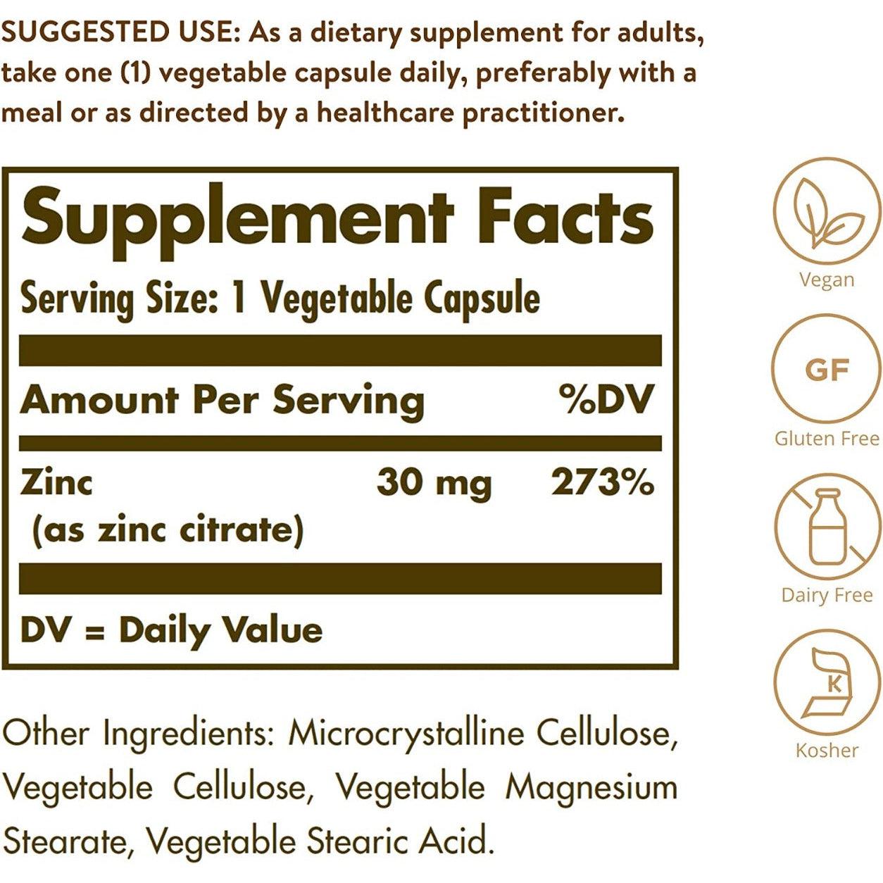 Solgar Zinc Citrate 30mg Non-GMO 100 Vegetable Capsules