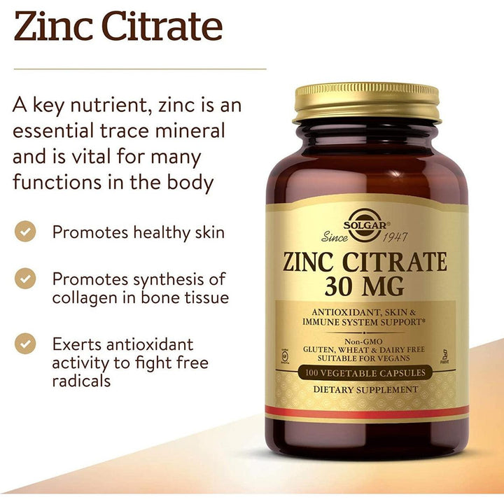 Solgar Zinc Citrate 30mg Non-GMO 100 Vegetable Capsules