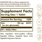 Solgar Zinc Gluconate 50mg 100 Vegan Tablets