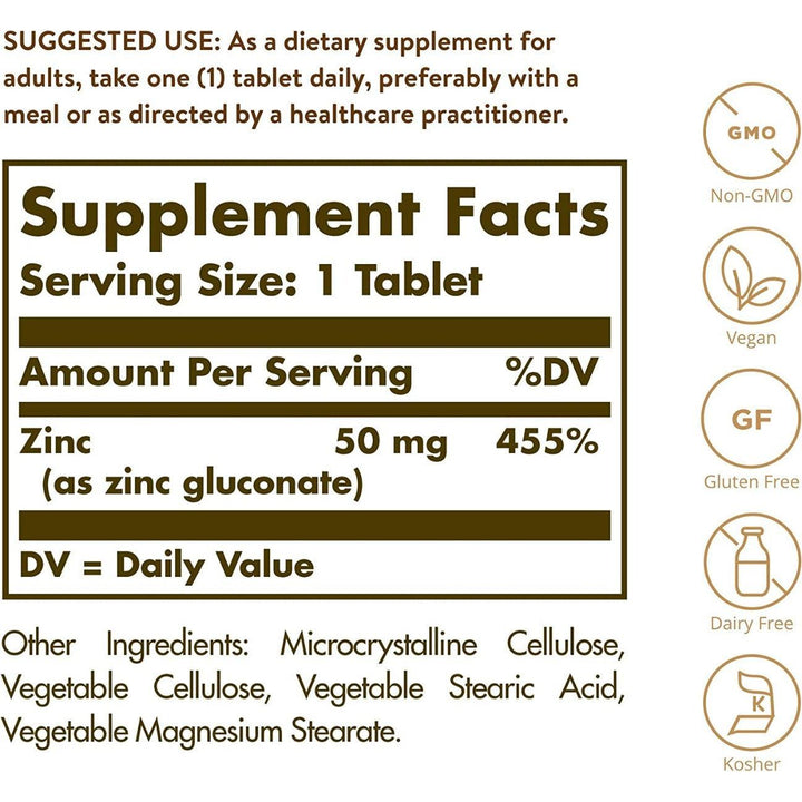 Solgar Zinc Gluconate 50mg 100 Vegan Tablets