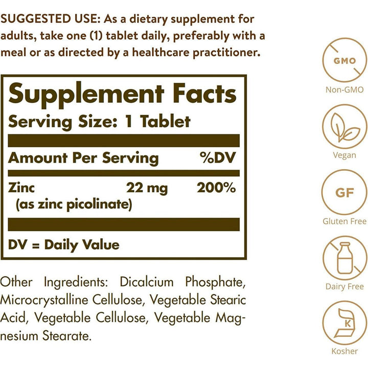 Solgar Zinc Picolinate 22 MG 100 Tablets