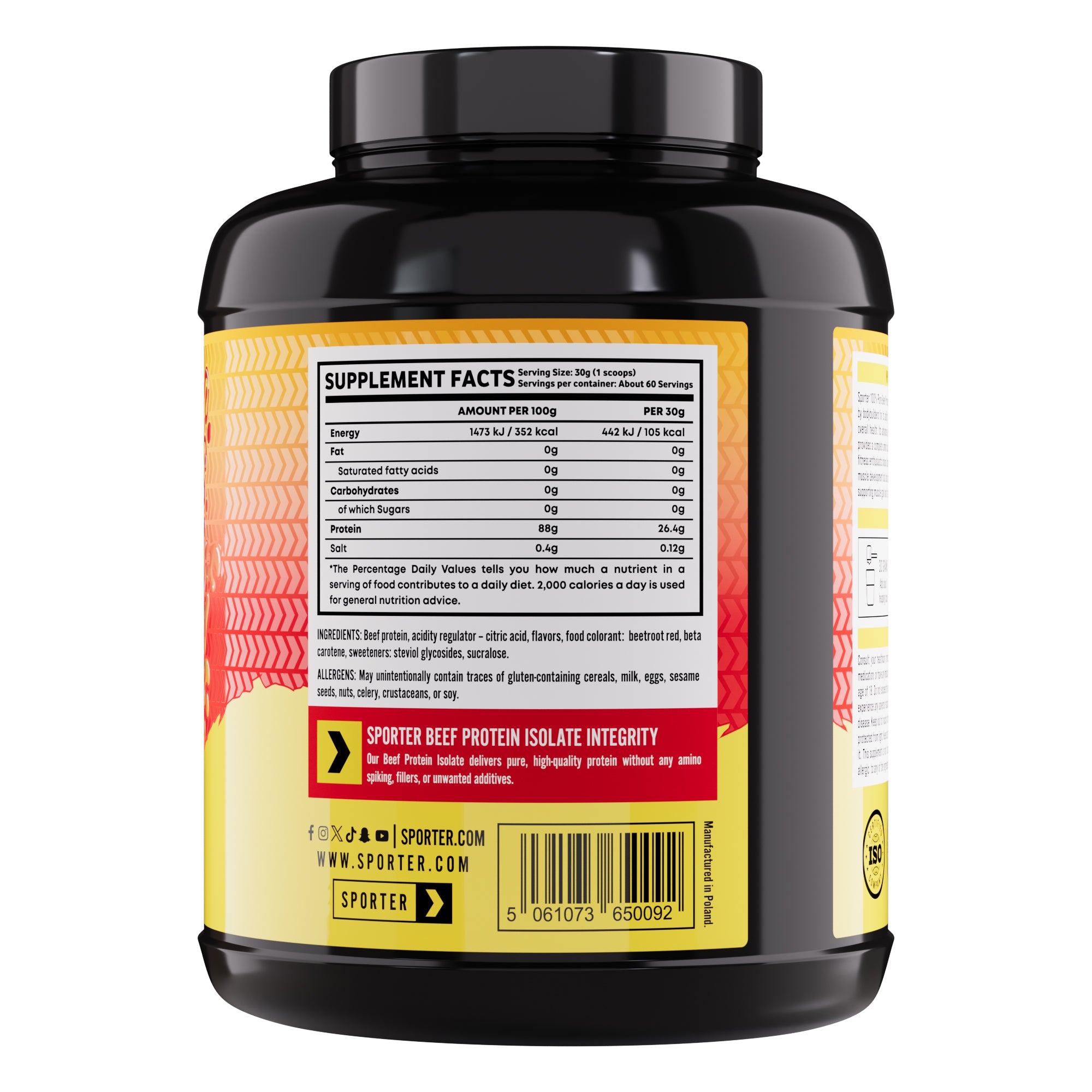 Sporter Beef Protein Isolate Mango Raspberry Flavor 26g Protein 0g Sugar 0g Fat Halal Certified 1.8 kg