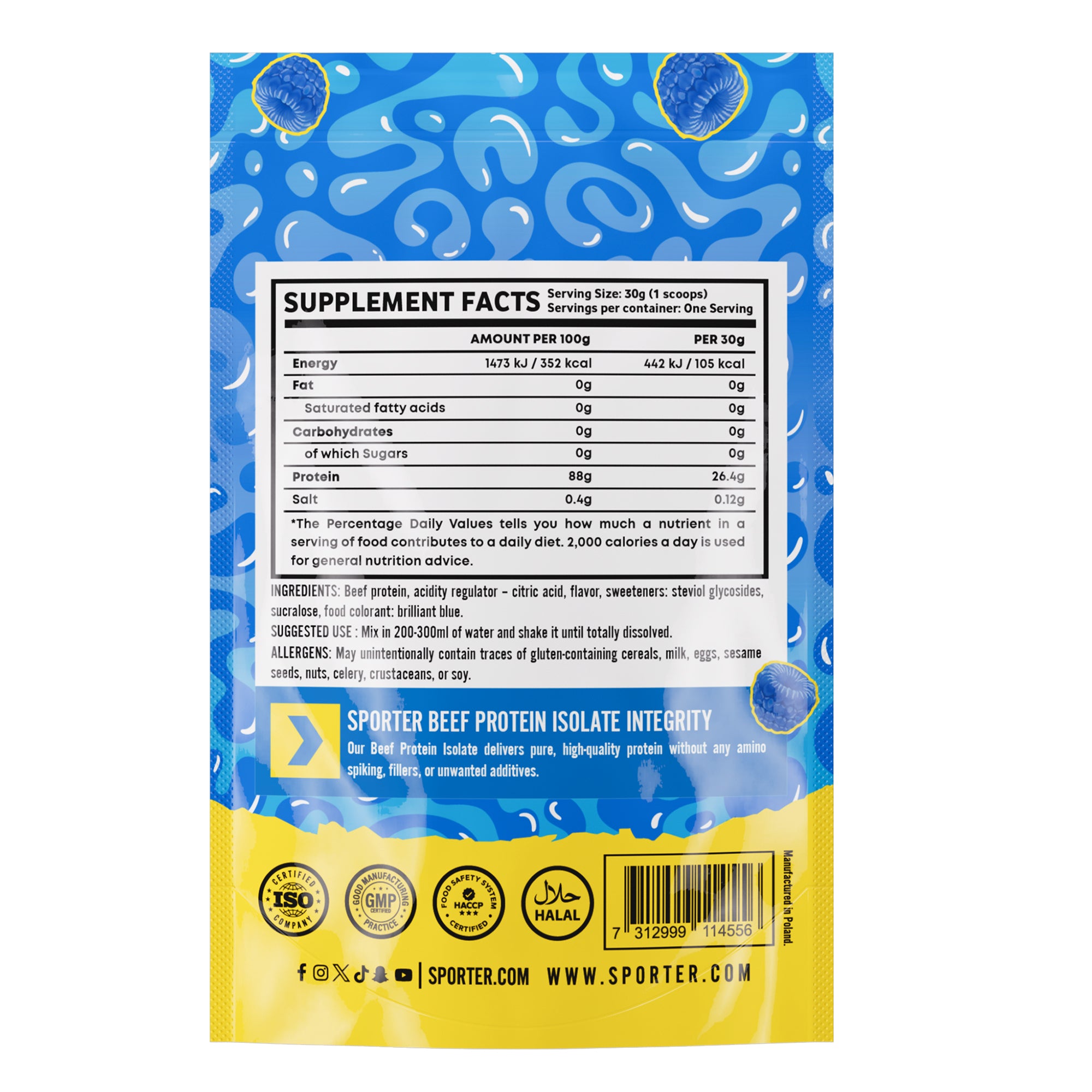 Sporter Beef Protein Isolate Sachet Blue Raspberry Flavor Halal Certified 30g