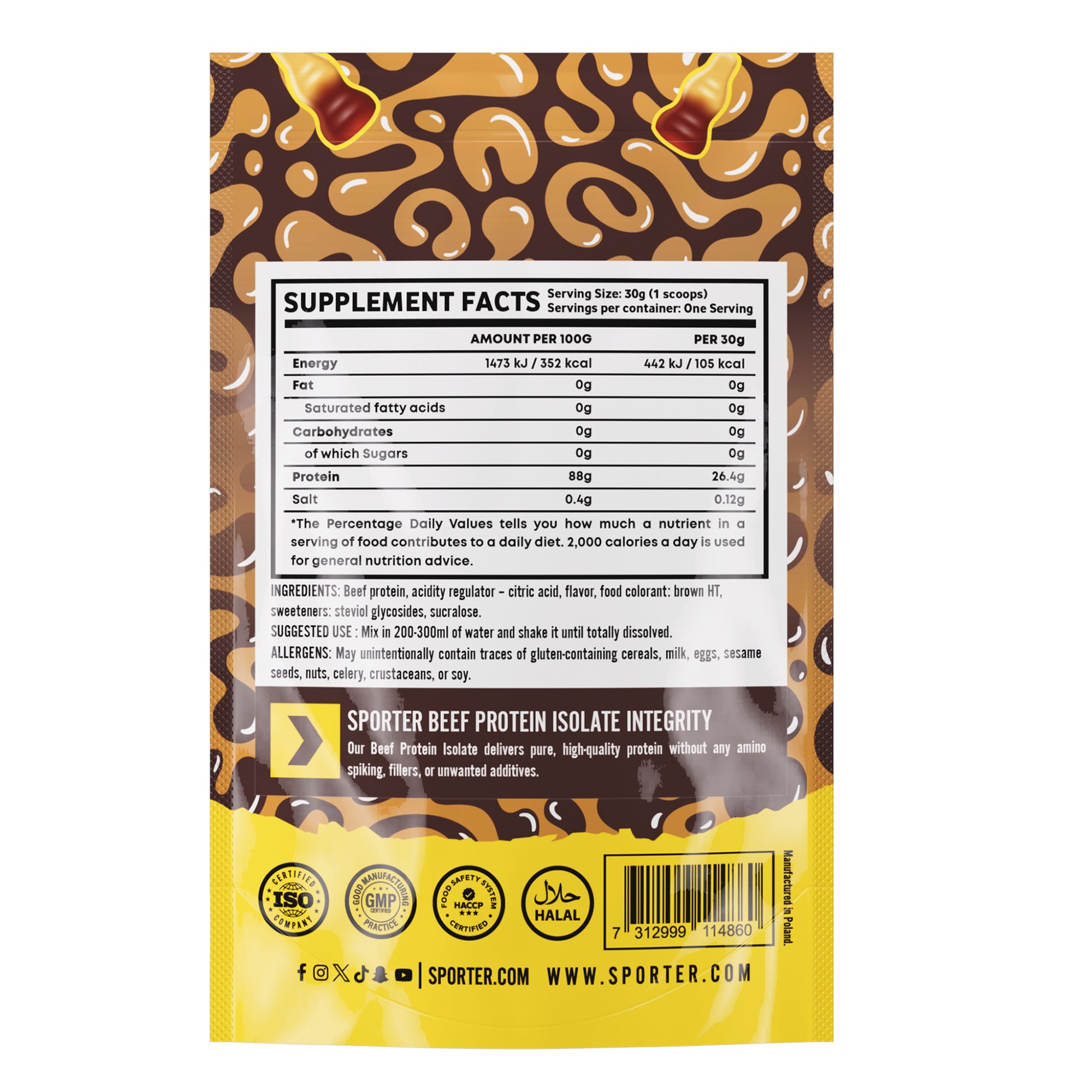 Sporter Beef Protein Isolate Sachet Cola Flavor Halal Certified 30g