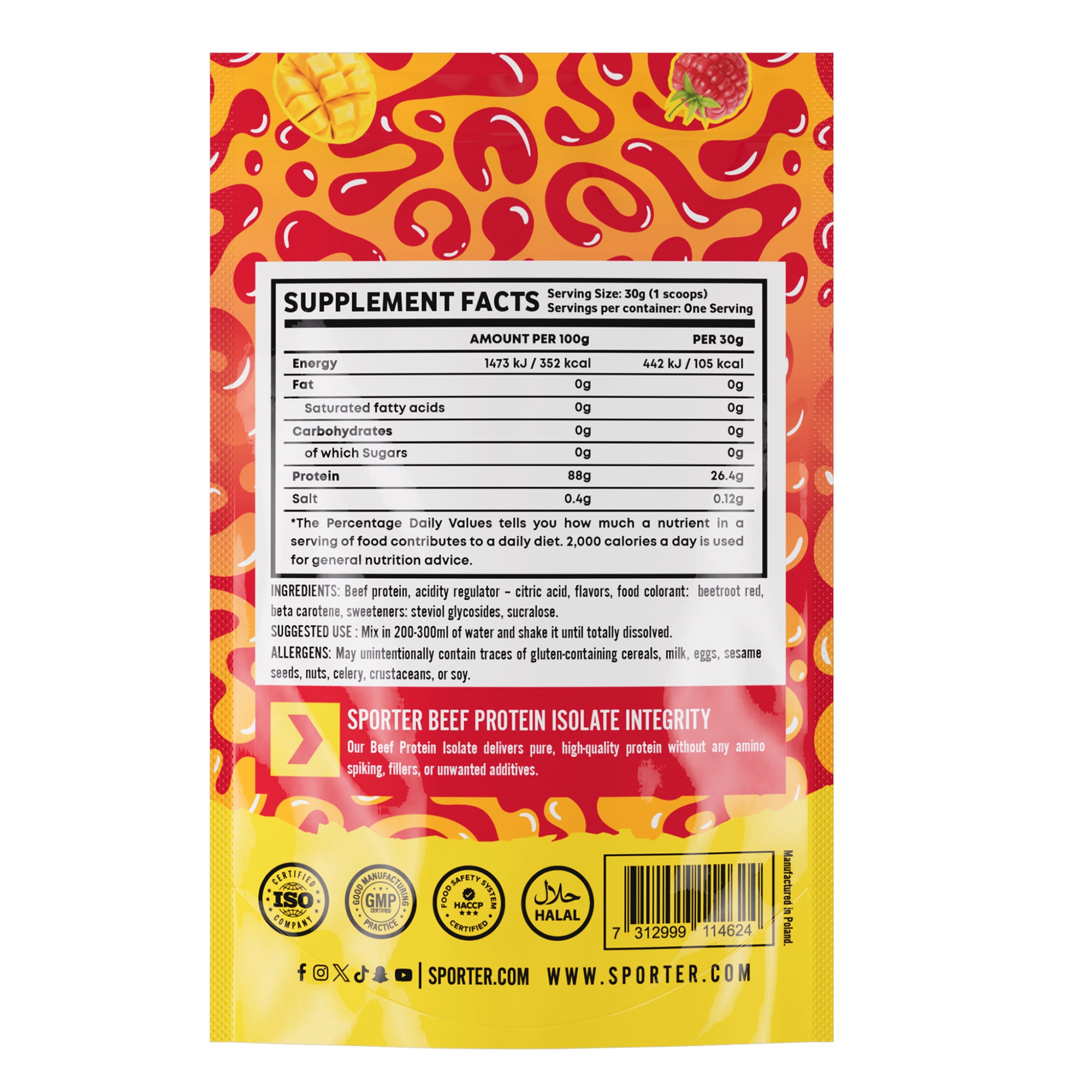 Sporter Beef Protein Isolate Sachet Mango Raspberry Flavor Halal Certified 30g