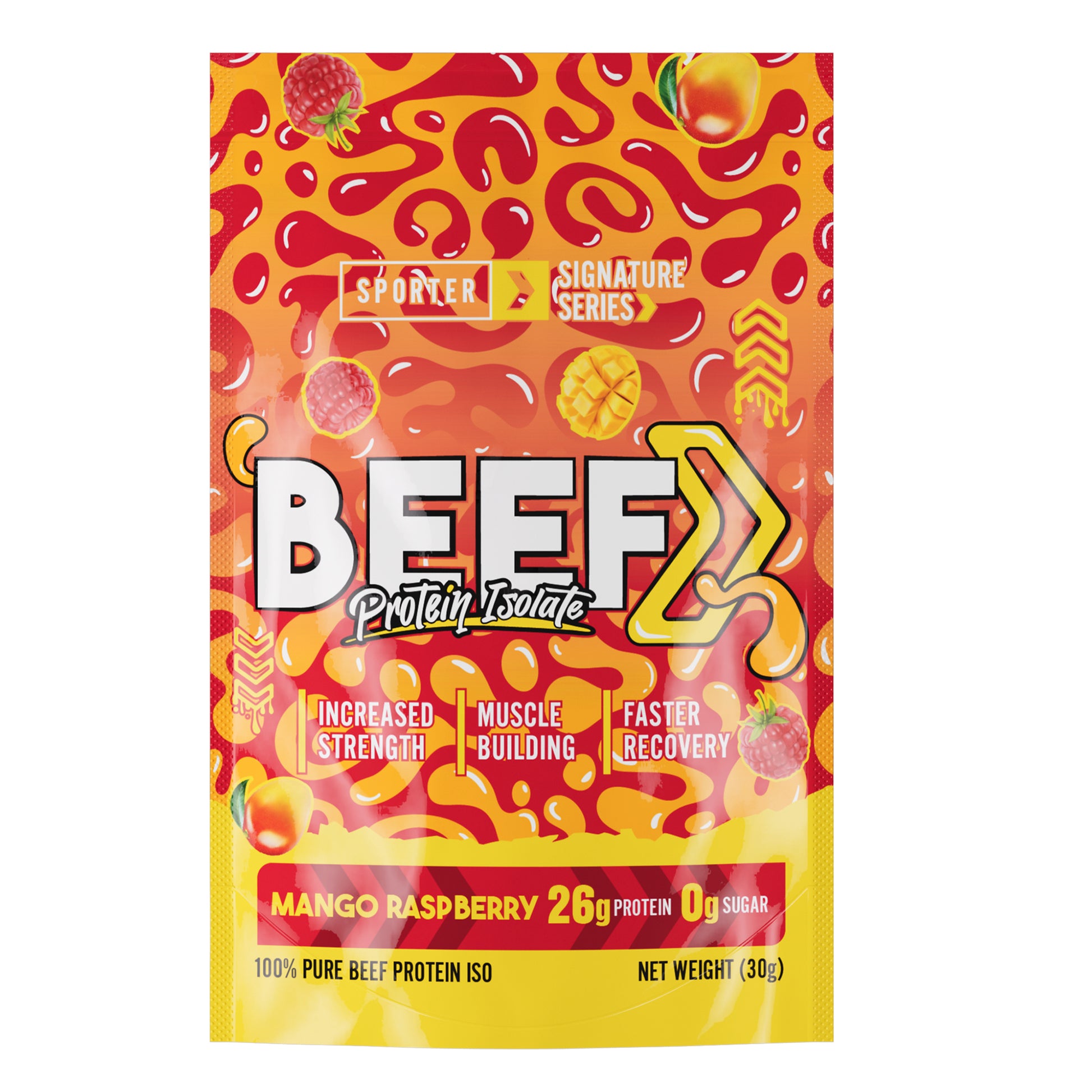 Sporter Beef Protein Isolate Sachet Mango Raspberry Flavor Halal Certified 30g