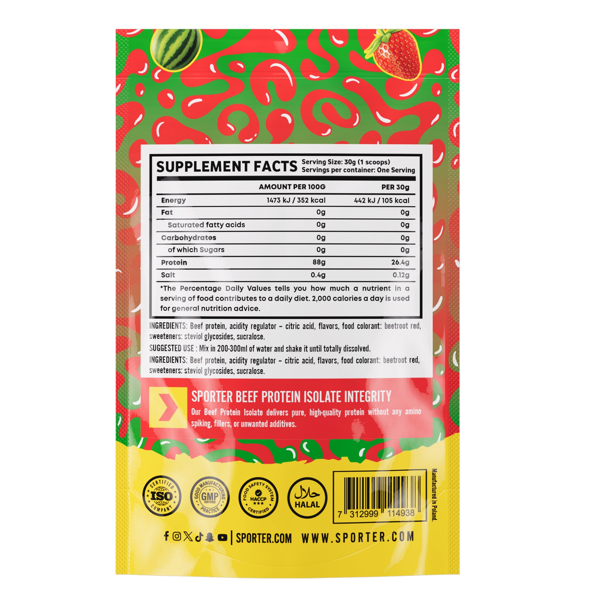 Sporter Beef Protein Isolate Sachet Strawberry Watermelon Flavor Halal Certified 30g