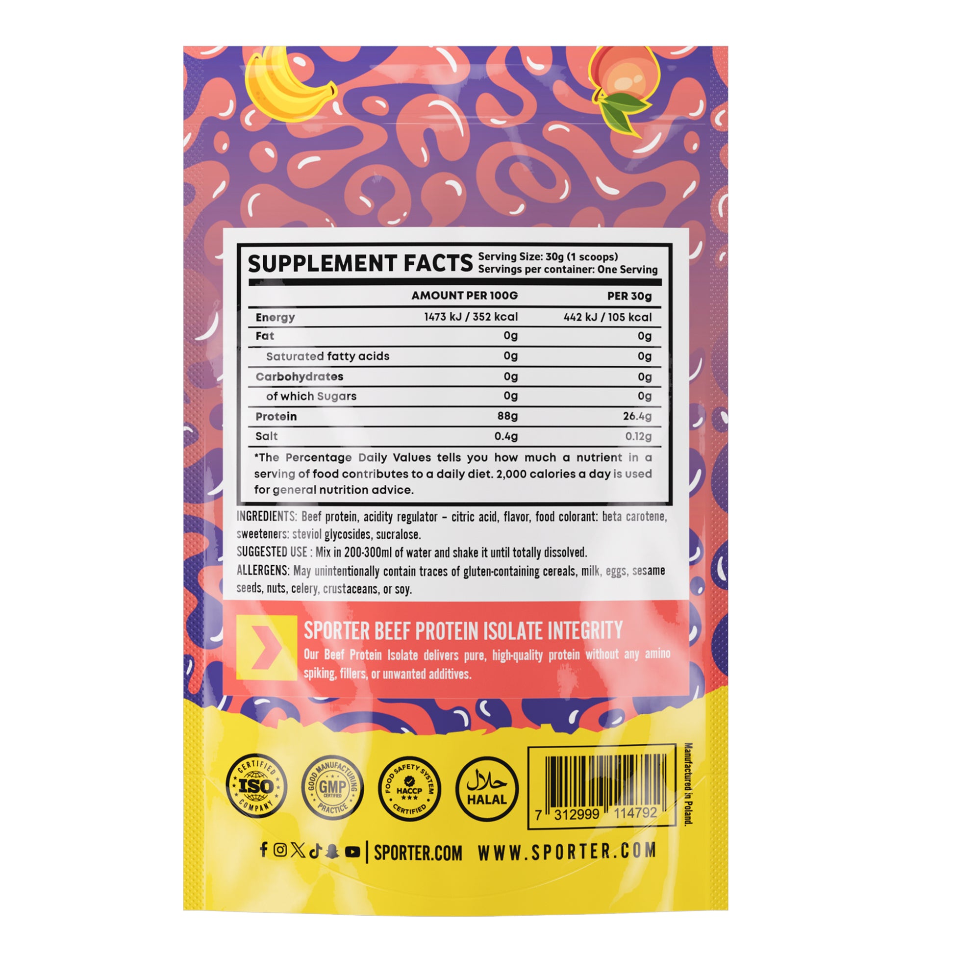 Sporter Beef Protein Isolate Sachet Tropical Fruit Halal Certified 30g