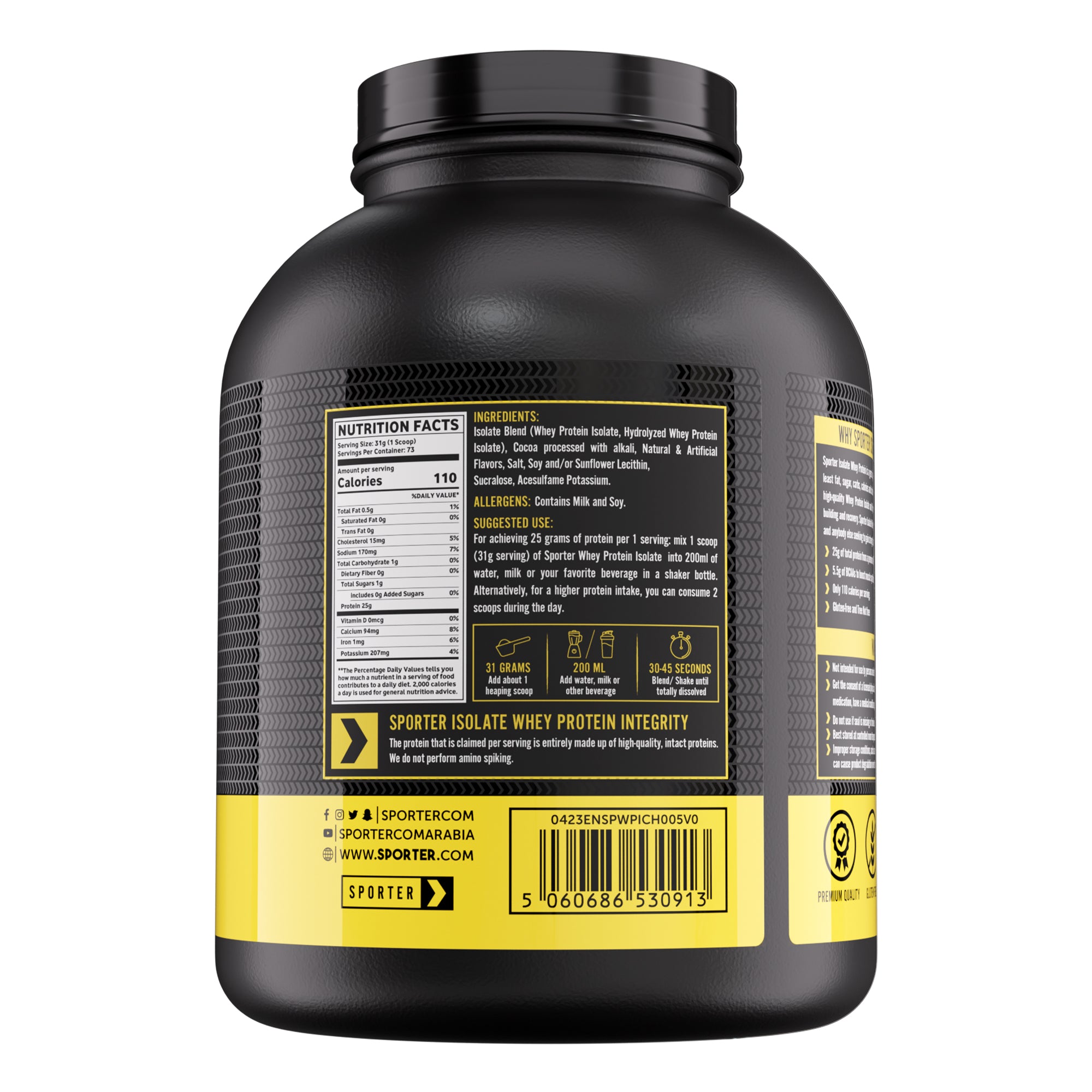 Sporter Isolate Whey Protein Chocolate Flavor 25g Protein 5.5g BCAAs 2268g