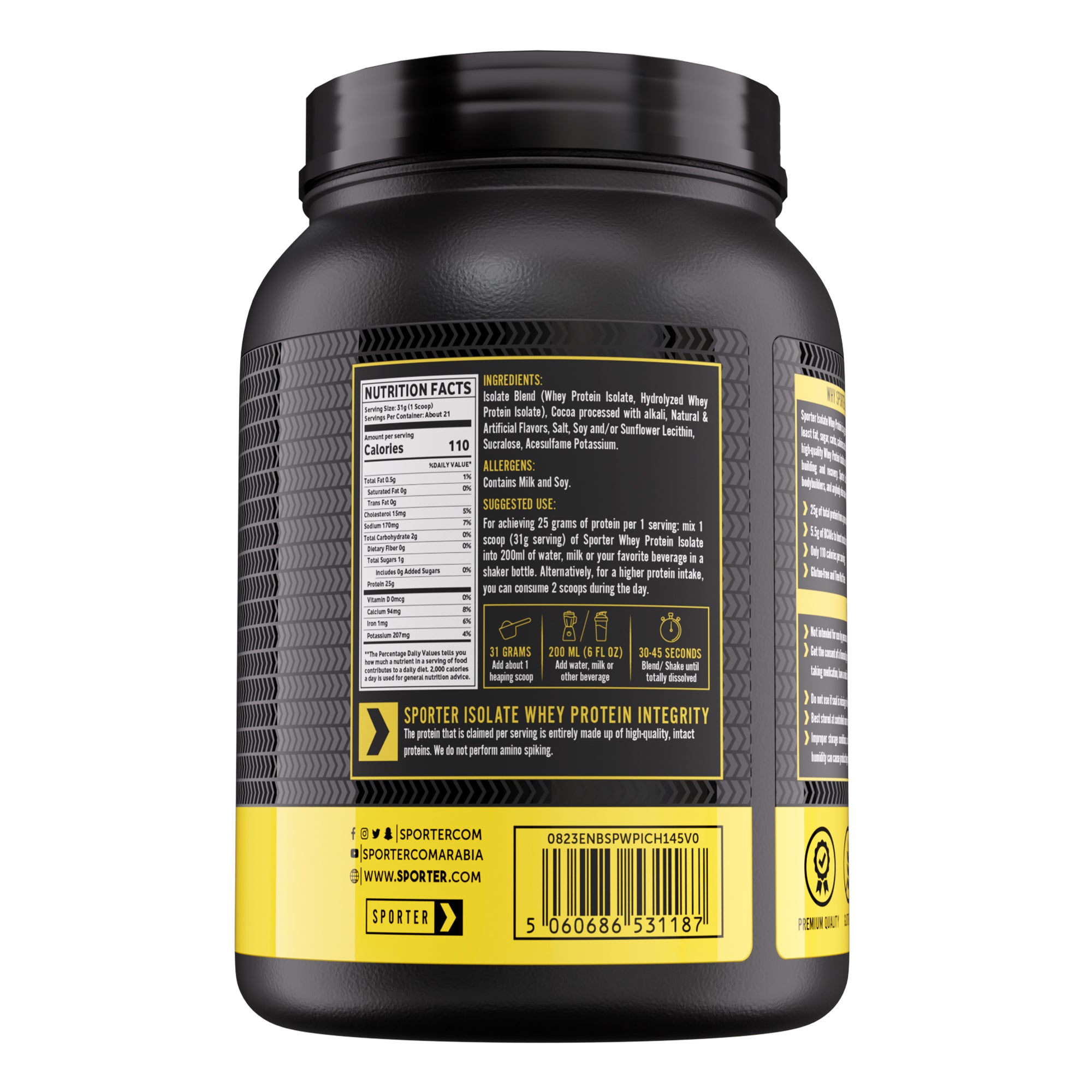 Sporter Whey Protein Isolate Chocolate 25g Protein 5.5g BCAAs 657g