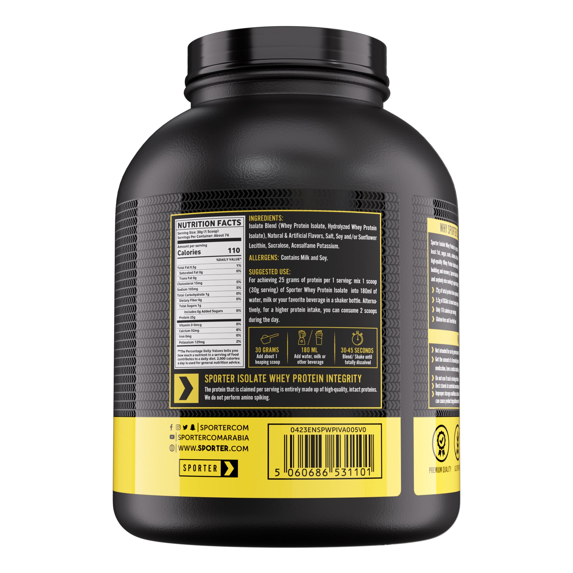 Sporter Whey Protein Isolate Vanilla 25g Protein 5.5g BCAAs 2268g