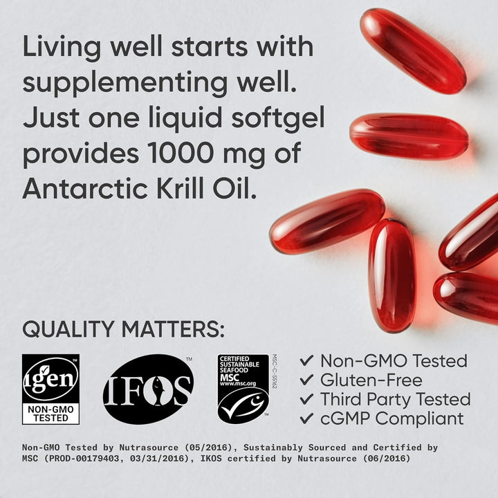 Sports Research Antarctic Krill Oil Omega 3 Softgels 1000mg (Double Strength) with Phospholipids, Choline & Astaxanthin, Non-GMO & Gluten Free - 30 Capsules