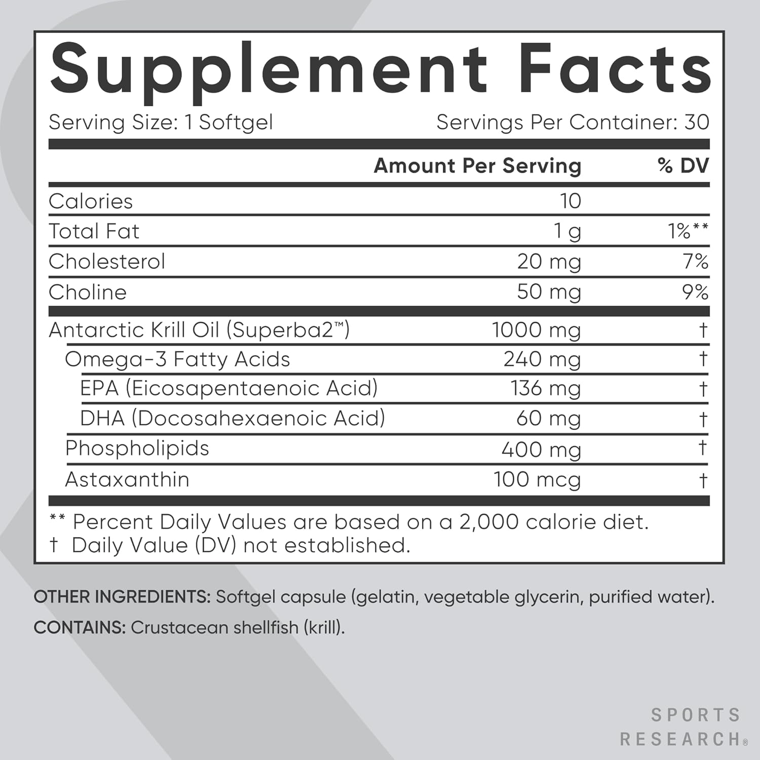 Sports Research Antarctic Krill Oil Omega 3 Softgels 1000mg (Double Strength) with Phospholipids, Choline & Astaxanthin, Non-GMO & Gluten Free - 30 Capsules