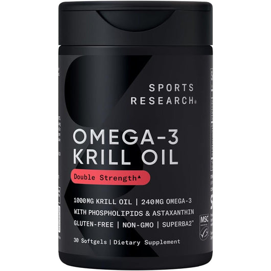 Sports Research Antarctic Krill Oil Omega 3 Softgels 1000mg (Double Strength) with Phospholipids, Choline & Astaxanthin, Non-GMO & Gluten Free - 30 Capsules