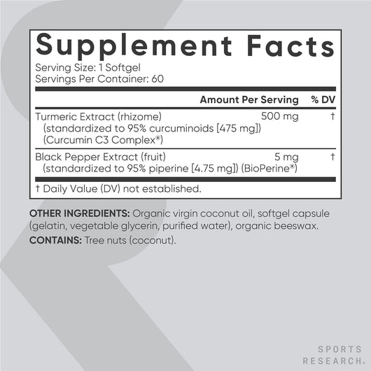 Sports Research C3 Turmeric Curcumin with Black Pepper BioPerine powder 60 Softgels