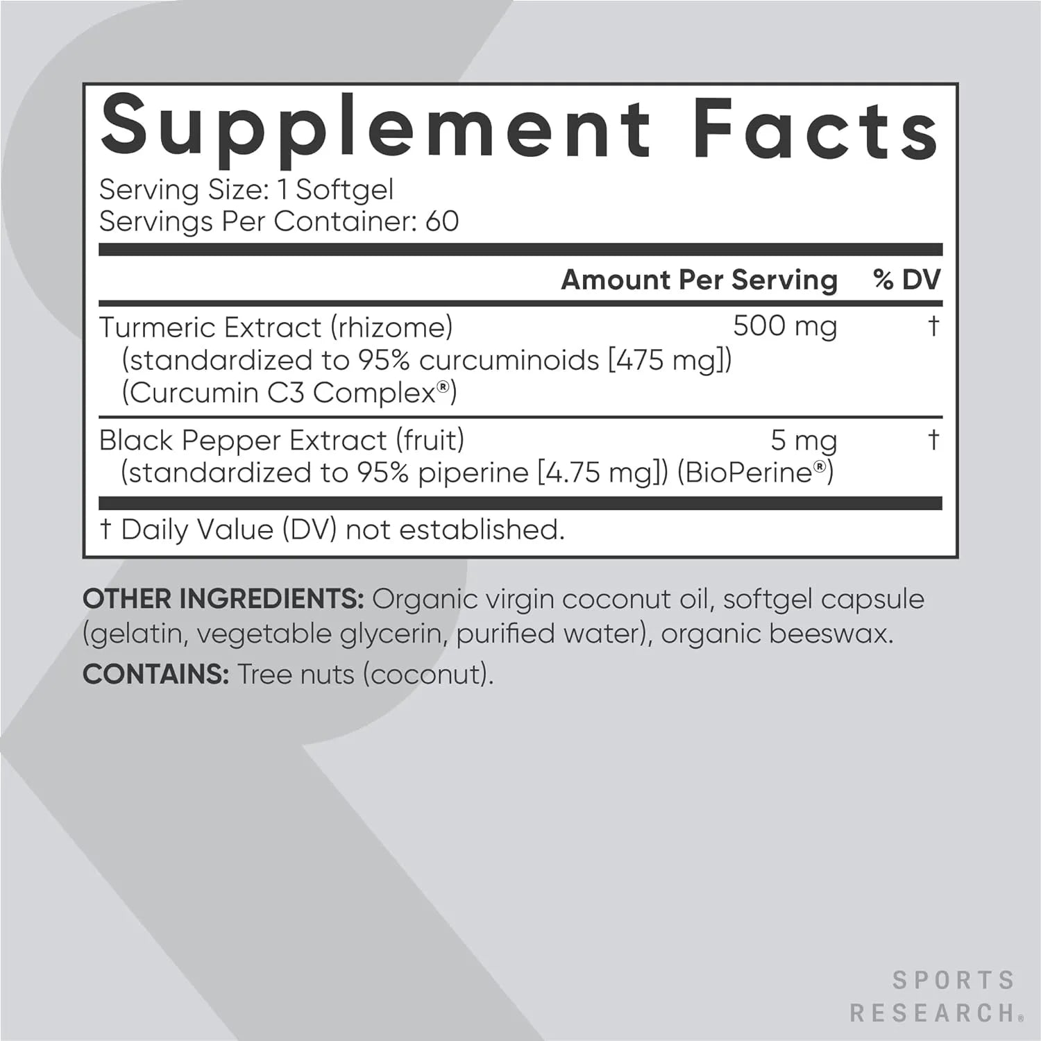 Sports Research C3 Turmeric Curcumin with Black Pepper BioPerine powder 60 Softgels