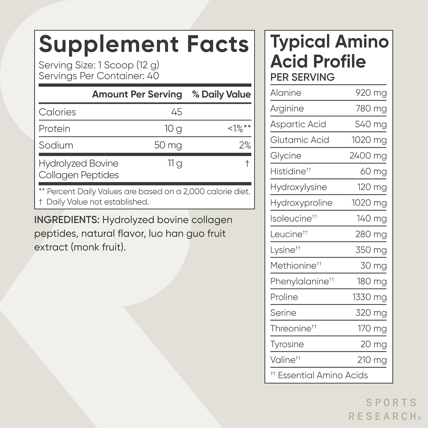 Sports Research Collagen Peptides - Hydrolyzed Type 1 & 3 Collagen Powder Vanilla Flavored 480g