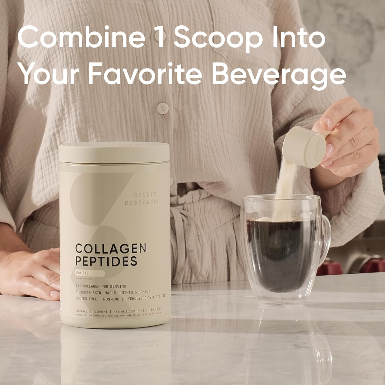 Sports Research Collagen Peptides - Hydrolyzed Type 1 & 3 Collagen Powder Vanilla Flavored 480g