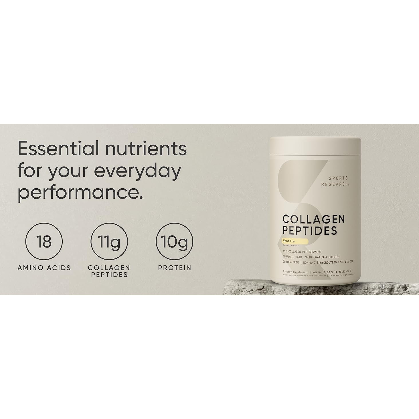 Sports Research Collagen Peptides - Hydrolyzed Type 1 & 3 Collagen Powder Vanilla Flavored 480g