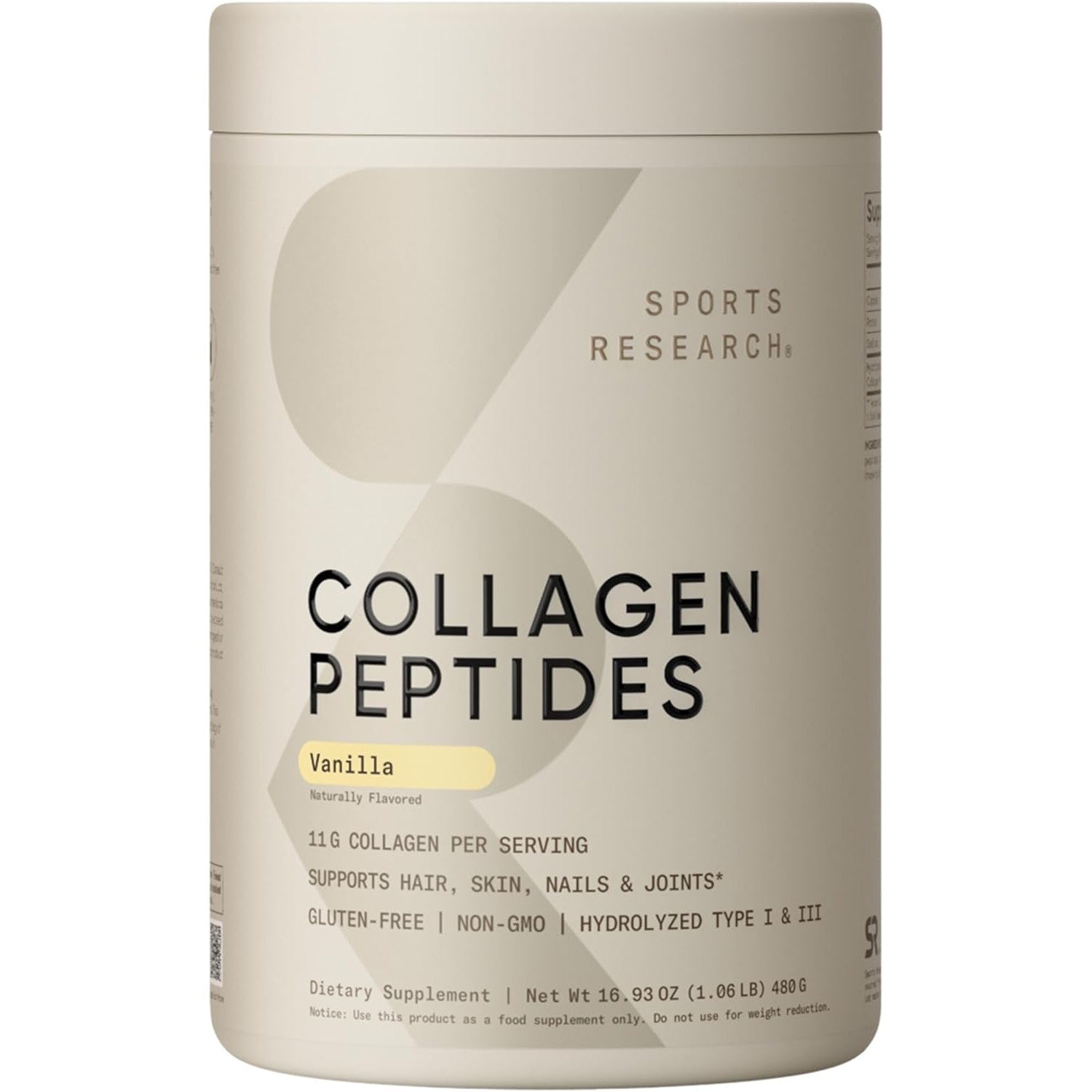 Sports Research Collagen Peptides - Hydrolyzed Type 1 & 3 Collagen Powder Vanilla Flavored 480g
