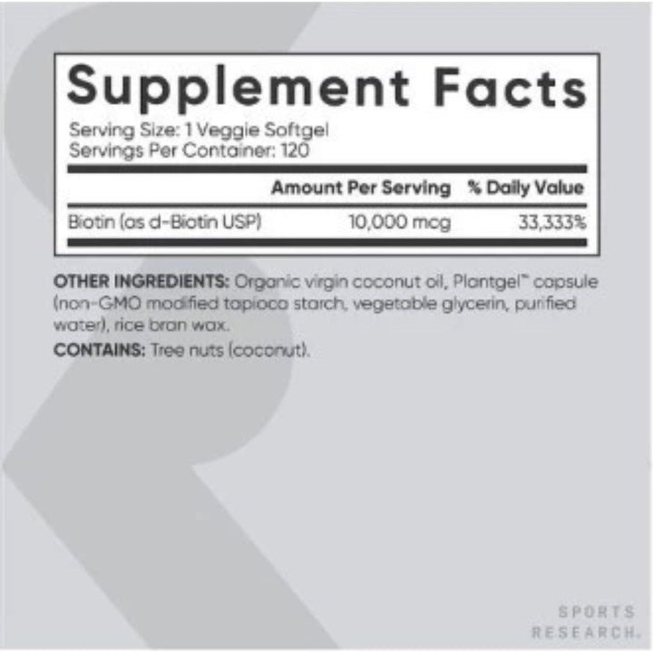 Sports Research High Potency Biotin 10,000mcg Vitamin B7 120 Veggie Softgels