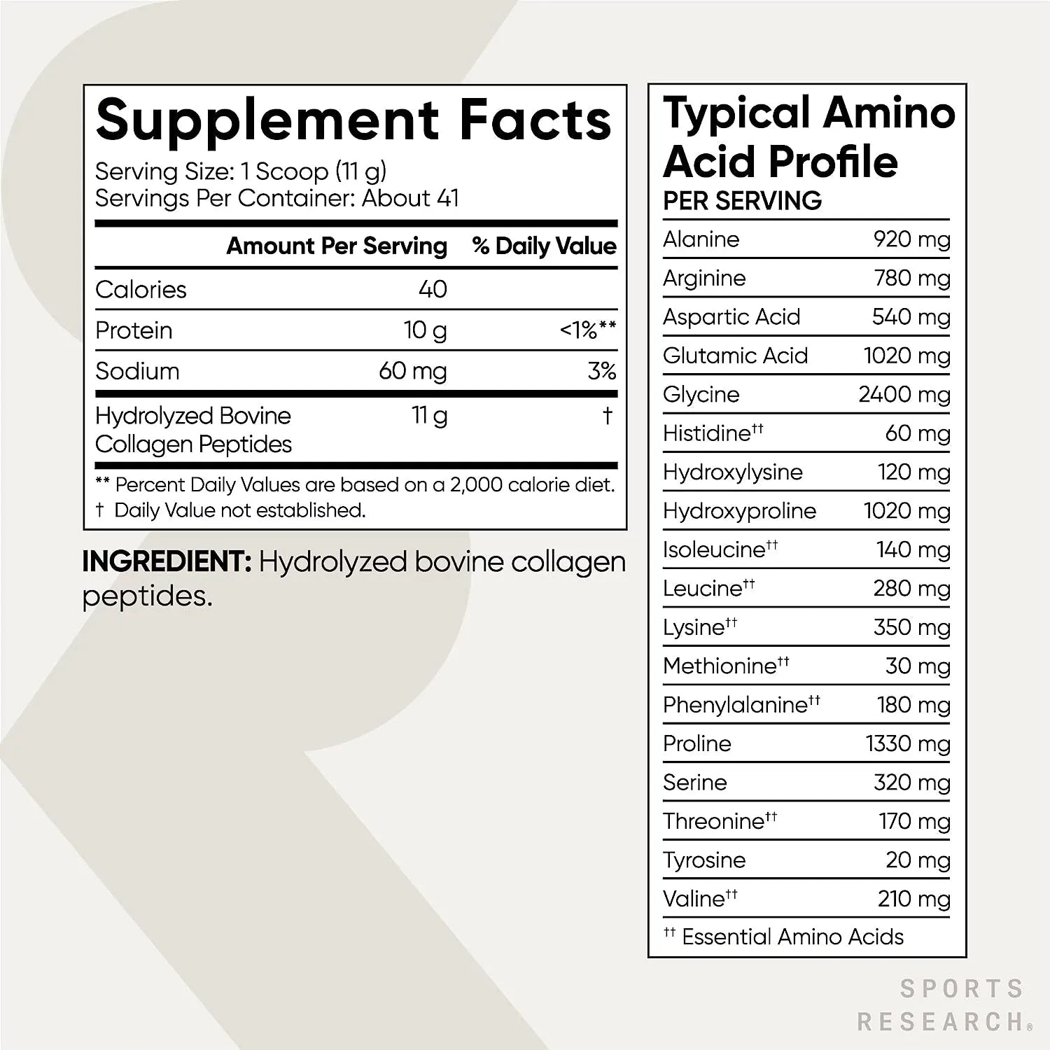 Sports Research Hydrolyzed Collagen Peptides Type 1 & 3 Unflavored KETO Friendly 454g