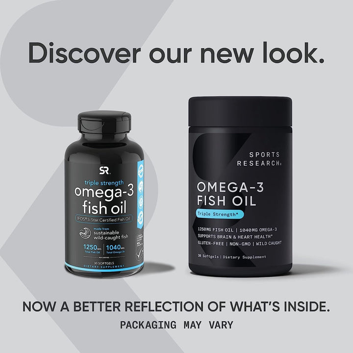 Sports Research Omega-3 Burpless Fish Oil Triple Strength 1,250mg from Wild Alaskan Pollock 30 Softgels