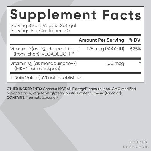 Sports Research Plant-Based Vitamin D3 with Vitamin K2 5000IU with Organic Coconut Oil 30 Veggie Softgels