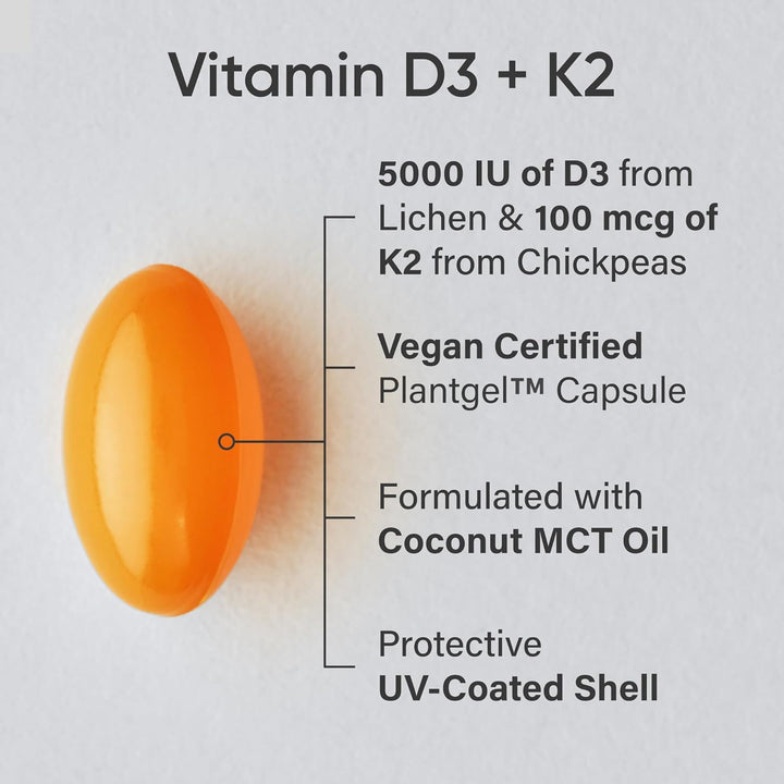 Sports Research Plant-Based Vitamin D3 with Vitamin K2 5000IU with Organic Coconut Oil 30 Veggie Softgels