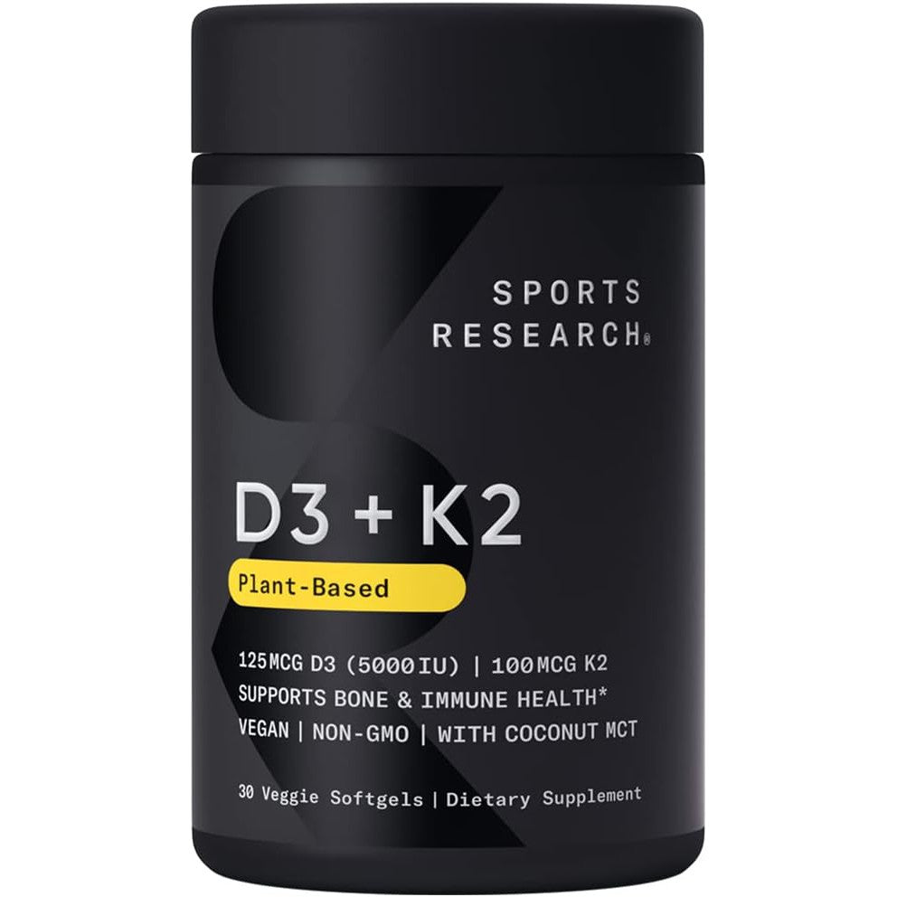 Sports Research Plant-Based Vitamin D3 with Vitamin K2 5000IU with Organic Coconut Oil 30 Veggie Softgels