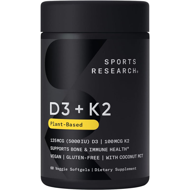 Sports Research Plant-Based Vitamin D3 with Vitamin K2 5000IU with Organic Coconut Oil 60 Veggie Softgels