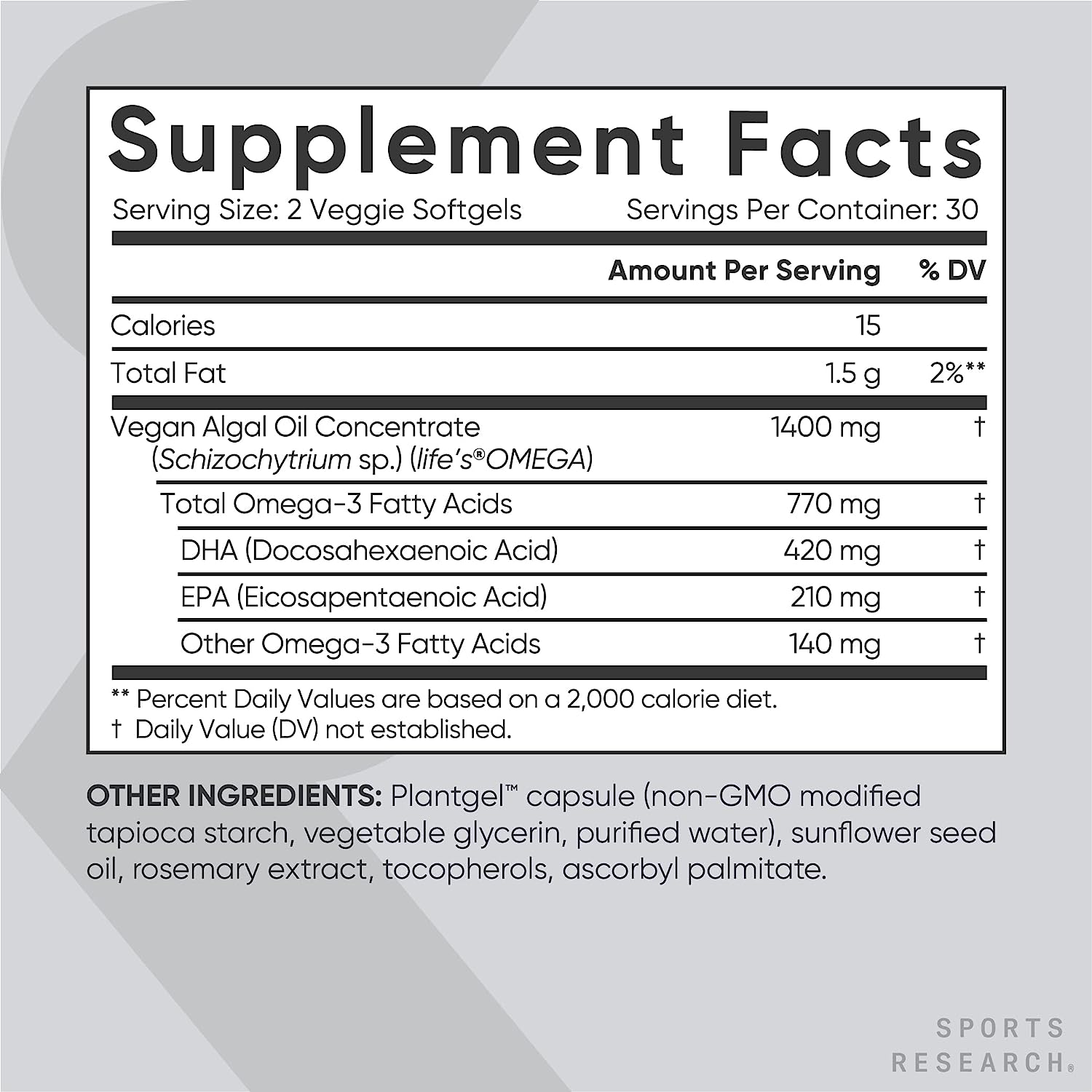 Sports Research Vegan Omega-3 from Algae Oil - Highest Levels of Vegan DHA & EPA Fatty Acids | Non-GMO Verified & Vegan Certified - 60 Veggie Softgels