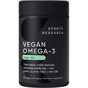 Sports Research Vegan Omega-3 from Algae Oil - Highest Levels of Vegan DHA & EPA Fatty Acids | Non-GMO Verified & Vegan Certified - 60 Veggie Softgels