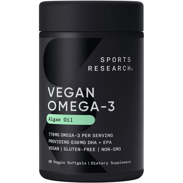 Sports Research Vegan Omega-3 from Algae Oil - Highest Levels of Vegan DHA & EPA Fatty Acids | Non-GMO Verified & Vegan Certified - 60 Veggie Softgels