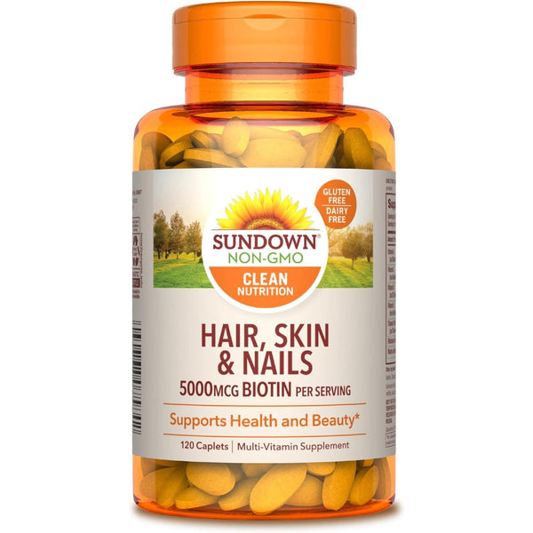 Sundown Hair, Skin and Nails, Biotin 5000 mcg, 17 Essential Nutrients to Support Health and Beauty, 120 Caplets