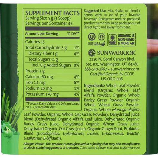 Sunwarrior Ormus Organic Supergreens Natural with Probiotics No Stevia Keto Friendly Gluten Free 225