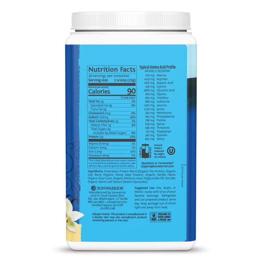 Sunwarrior Protein Warrior Blend Organic Plant-Based Vanilla Dairy Free Gluten Free Soy Free Keto 75