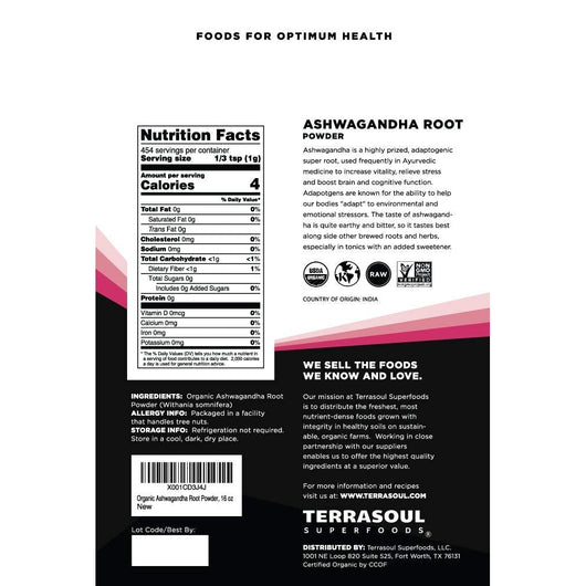 Terrasoul Superfoods Organic Ashwagandha Root Powder 454g