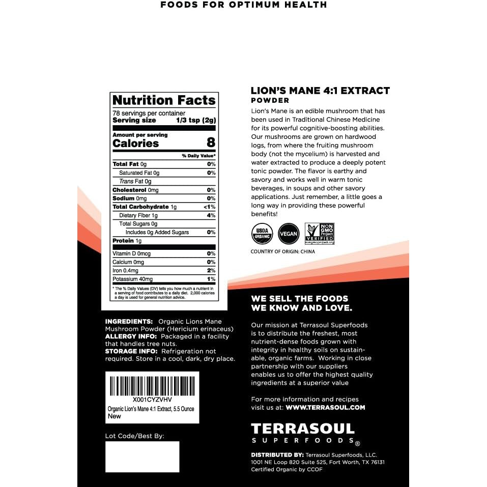 Terrasoul Superfoods Organic Lion's Mane Mushroom Powder (4:1 Extract) 156g