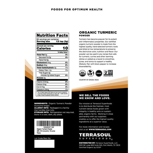 Terrasoul Superfoods Organic Turmeric Powder Premium Quality Curcumin - Lab Tested for Purity - 454g