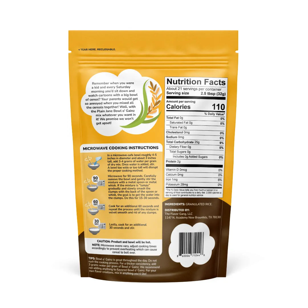 The Flavor Gang Hot Cereal BOWL O’ GAINZ Plain Jane 681g