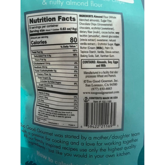 Too Good Gourmet KETO Crispy Bite Sized Chocolate Chip Cookies Sugar Free Gluten Free 142g